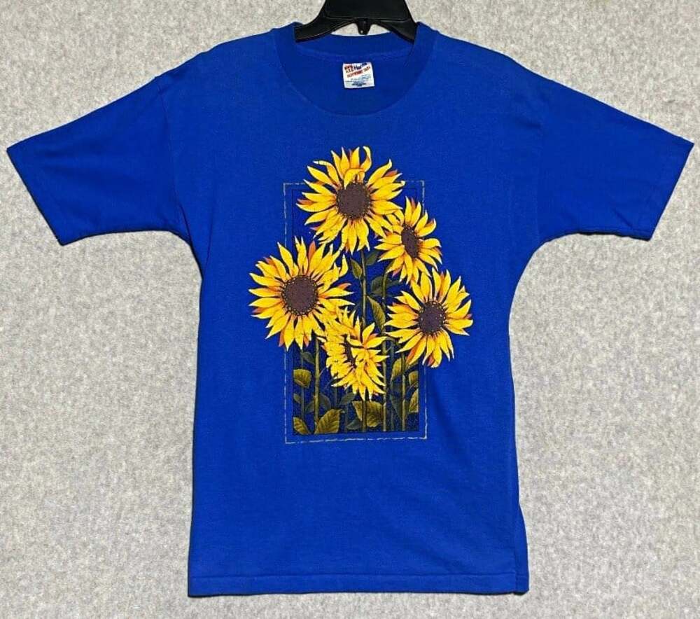 Vtg 1990s Sunflower T Shirt Blue Single Stitch Nature L Hanes Heavyweight 50/50